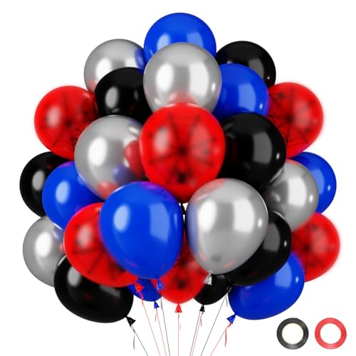 Ballons Noir Rouge Bleu Argent, 62 Pièces Ballons Anniversaire Spider, Ballon de Baudruche Noir Rouge Bleu Argent, Helium Ballon pour Thème Spider...