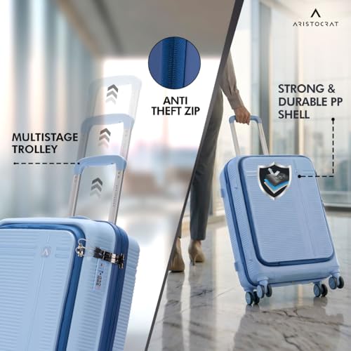 Image of Aristocrat Solana Cabin Trolley Bag 53cm | Small | Hard Luggage | 8-Wheel Suitcase with Laptop Compartment for Business Travel | TSA Lock with Anti-Theft Zipper | 3 Years International Warranty (Blue)