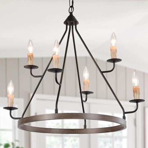 LALUZ Farmhouse Chandelier, Large 6-Light Wagon Wheel Chandeliers 2 Tier Round Pendant Light Fixtures for Dining & Living Room, Foyer and Bedroom