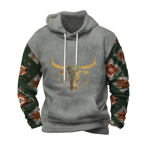 Mens Aztec Print Hoodies Western Cowboy Hooded Sweatshirt Casual Tribal Graphic Oversized Pullover Hoodie with Pocket