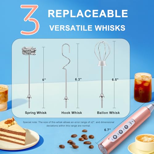 Image of YUSWKO Rose Gold Handheld Milk Frother Wand for Coffee, Rechargeable Electric Whisk with 3 Heads 3 Speeds Drink Mixer Coffee Frother For Latte, Cappuccino, Hot Chocolate, Egg