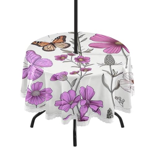 Wajiw 60 Inch Indoor Outdoor Round Tablecloth with Umbrella Hole and Zipper Waterproof Patio Table Cover for Camping Dining Room Party Outdoor Picnic,Wildflowers