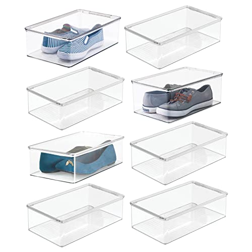 mDesign Plastic Closet Organizer Box Containers with Hinged Lid for Bedroom Shelves/Cabinets, Holds Flats, Sandals, Sneakers, Dress Shoes, Heels, Booties, and Wedges, Ligne Collection, 8 Pack, Clear