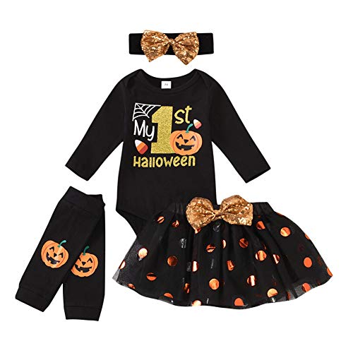 Image of XIFAMNIY Baby Girls My 1st Halloween/Thanksgiving/Christmas Outfit Newborn 4Pcs Pumpkin Bodysuit Headband Legging Socks Set