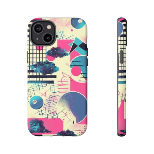 Coque iPhone 14 Plus rigide mate protection motif géométrique rose bleu