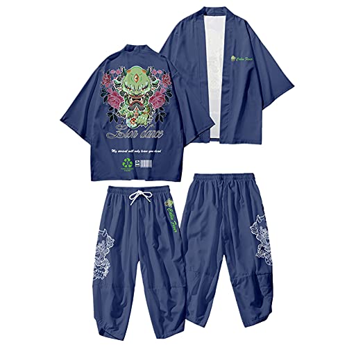 Japanese Kimono Cardigan Casual Open Front Coat and Pant Beach Suit Plus Size Haori Lucky Gift for Men