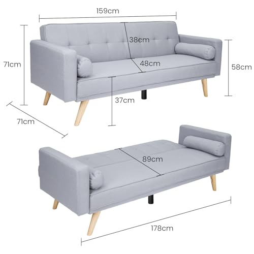 CROWNSHOP 3 Seater Sofas Modern Sofa Beds with Wooden Legs Adjustable Angle Sofas & Couches With 2 Armrests for Living Room/Spare Room/Guest Room Light Gray - Image 3