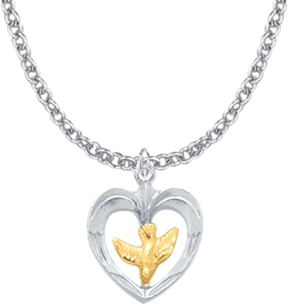 True Faith Jewelry Pierced Heart Silver Tone Holy Dove Two Tone Medal, 5/8 Inch