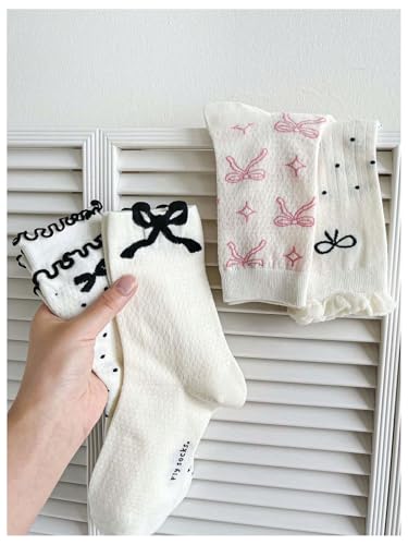 Floerns Women's 4 Pairs Bow Print Crew Socks Cute Comfy Frilly Sock4