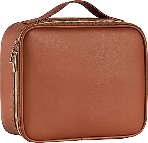 Adakieya Travel Makeup Bag Cosmetic Case Portable Vanity Organiser Box Beauty Bag Make Up Storage Case for Women Girls with Removable Compartment with Removable Shoulder Strap, Brown