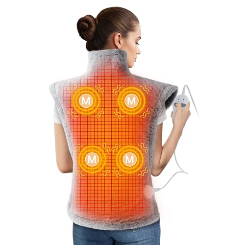 Massaging Heating Pad for Neck and Shoulders and Back, Large Electric Heating Pad for Back Pain Relief with 3 Heat Levels, 4 Massage Settings, 4 Massage Motors