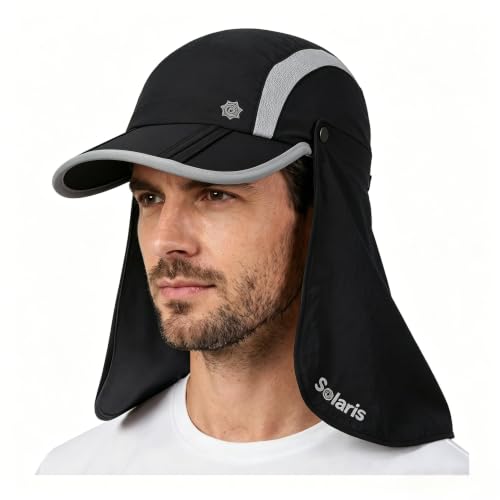 Solaris Lightweight UPF 50+ Sun Hat for Men Women 2-in-1 Removable Neck Flap Foldable Running Cap Breathable Mesh Baseball Hat with Velcro Closure for Outdoor Cycling Running Hiking, Black