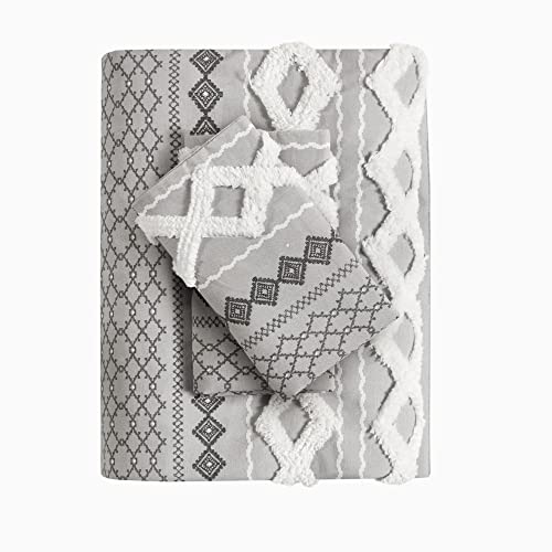 Ink+Ivy Imani 100% Cotton Duvet Mid Century Modern Design, All Season Comforter Cover Bedding Set, Matching Shams, King/Cal King, Gray Chenille Tufted Accent 3 Piece #TOP5