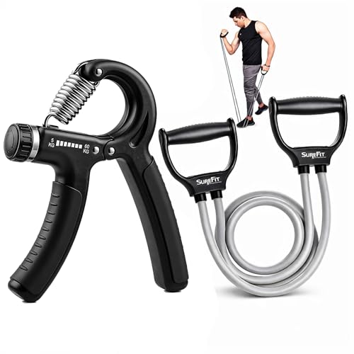 Image of SUREFIT Hand Grip Strengthener with Resistance Tube, Adjustable Gripper and Exercise Band Combo for Strength Training For Man and Women (Adjustable- 5-60 Kg)