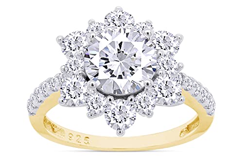 SAVEARTH DIAMONDS Center 7MM Round Cut Sparkling White Cubic Zirconia Flower Cluster Engagement Ring In 14k Gold Over Sterling Silver Jewelry For Women Gifts For Her
