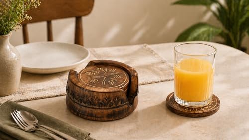 Image of Premium Round Wooden Coasters Set of 6 with Holder | Mango Wood Tea & Coffee Coaster Set for Table Protection & Home Decor | Cup Coaster Set for Dining Table