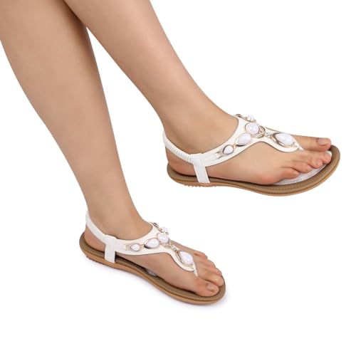 Image of SHIBEVER Dressy Flat Women Sandals: Comfortable Summer Thong Flats Sandal | Arch Support Walking Ankle Strap Dress Rhinestone Bling Womens Sandal - All Day Comfort Casual Beach Boho Women's Shoes