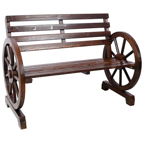 Image of 2 Person Wooden Wagon Wheel Bench for Backyard, Patio, Porch, Garden, Outdoor Lounge Furniture w,Rustic Country Design, Slatted Seat and Backrest Brown