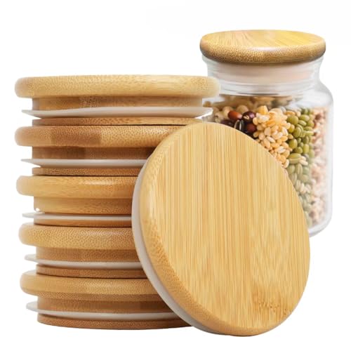 Bamboo Mason Jar Lids - 70mm/2.75 Inch Reusable Natural Wooden Mason Jar Lid, Food Grade Material Silicone Sealing, 100% Fit & Airtight for Regular Mouth Mason Jars (6PCS Regular Lids)