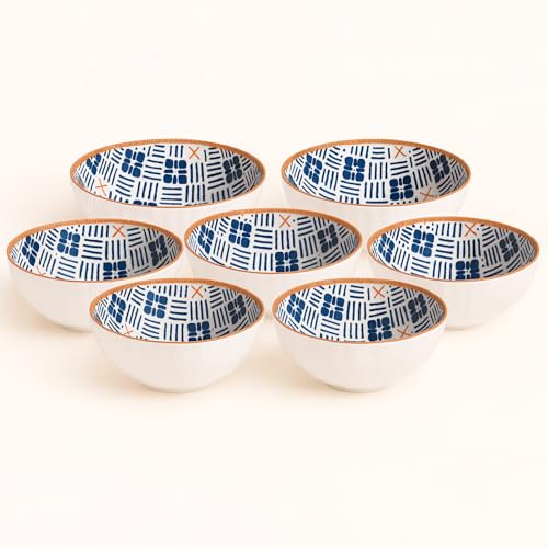 Image of YELONA Ceramic Bowls Set of 6 - 300ml | Japanese Style Soup & Snack Bowls with Navy Blue Checkered Pattern | 11.5cm Diameter | Microwave, Oven & Dishwasher Safe | Lead-Free & Chip-Resistant