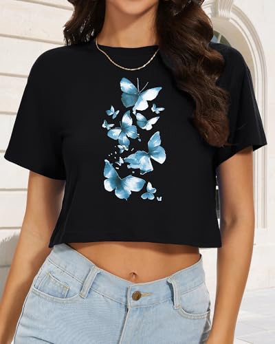 Image of Womens Summer Crop Tops Short Sleeve Round Neck T-Shirts Loose Fit Casual Blouse 2026