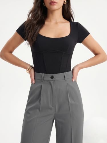 Image of Selvia Women's Solid Straight Fit Trousers, Front Pleated Formal Pants