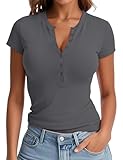 Prettywear Women Short Sleeve Henley Shirts Summer Casual V Neck Fitted Button Up Knit Basic Tops Darkgrey S