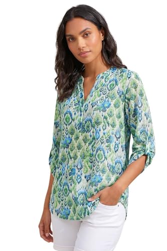 Image of Roman Shirt for Women UK Ladies Top Collarless Blouse Stretchy Tunic Smart Casual Autumn Winter Jersey 3/4 Length Sleeve Notch V Neck Flattering Office Work Green Beige