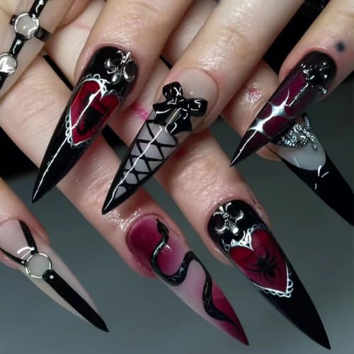 Black Press on Nails Long Stiletto Fake Nails Dark Ballet Nail Press ons