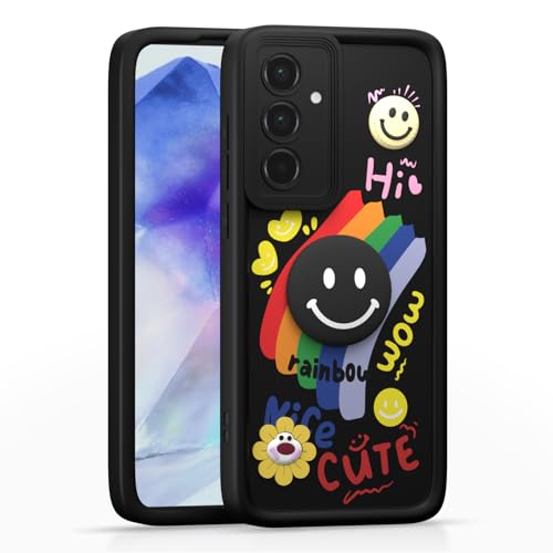 Image of Pikkme Back Cover for Samsung Galaxy A55 5G | Soft Silicone| Cute Rainbow Smile & 3D Cartoon Flower Design | Shockproof Raised Camera Protection Bumper Case (Black)