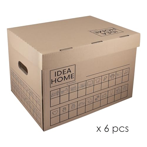 IDEA HOME 6er SET Umzugskarton Movebox Archivkarton Aufbewahrungsbox Aus Pappe Mit Deckel Sehr Stabil Verpackungskarton mit einer Tragkraft von 30 kg Größe: 431x333x294mm, Braun