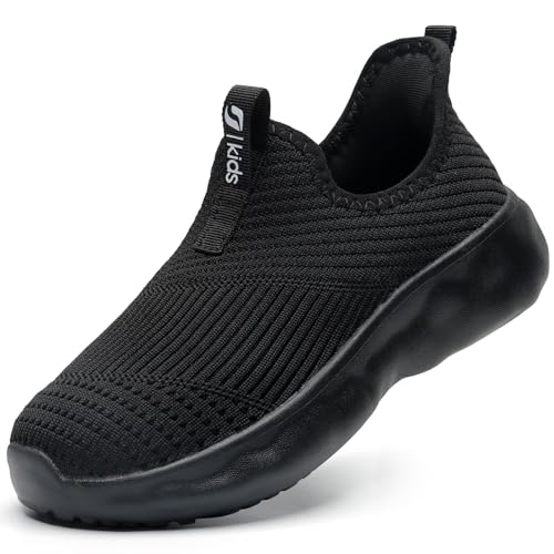 STQ KIDS Boys Slip On Sneakers Hands Free Comfortable Mesh Breathable Kids School Shoes Arch Support with STQ Slip ins Technology All Black Big Kid Size 4