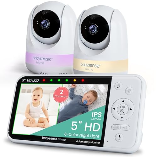Babysense Prisma Babyphone Vidéo HD 5' avec 2 Caméras et Audio, Veilleuse 6 Couleurs, Écran Partagé, Machine de Son pour Bébé avec Bruit Blanc et Berceuses, Connexion sans Wi-FI Sécurisée