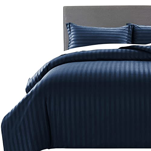MOONLIGHT20015 Double Duvet Set Reversible Stripes Satin Double Bedding Set with 2 Pillowcases Soft Hypoallergenic Duvet Cover (Navy 200x200 CM)