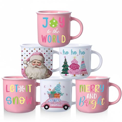 Pickmesh 6 Pcs Christmas Coffee Mugs 13OZ Ceramic Mugs with Handle, Pink