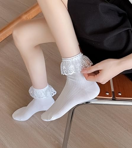 Image of Women's Lace Trim Crew Socks 2-Pack, White Vintage Ankle Socks for Shoe Size 5-9