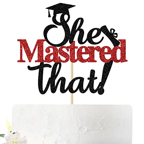 She Mastered That Cake Topper, She Did it/One Degree Hotter, Master Degree Graduation Party Decorations Supplies, Black and Red Glitter