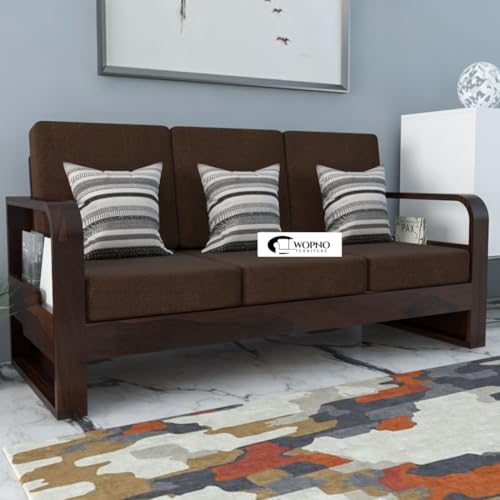 Image of Solid Sheesham Wooden 3 Seater Sofa for Living Room | Sofa with Side Pocket Storage & Cushion | Rosewood Sofa Set for Home (Walnut with Brown Cushion, 3 Seater)