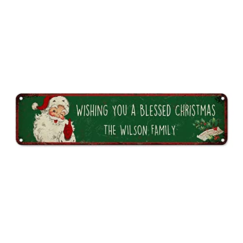 Panneau en métal vintage Wishing You A Blessed Christmas vert 61x15 cm