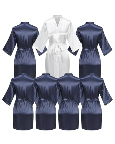 Image of 7 Pieces Women Silky Robe Satin Kimono Wedding Shower Bride Bridesmaid Bathrobe Spa Party Sleepwear