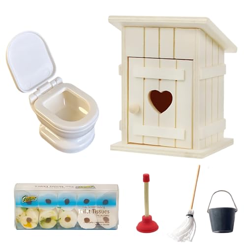 6 Stück Miniatur Wichtel Toilette Set aus Holz - Deko für Wichteltür & Weihnachten inkl. WC Klobürste Toilettenpapier | Kinderzimmer Wichtelhaus & Baustellen-Deko