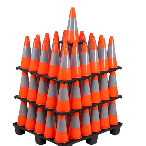 Image of (360 Pack Pallet) BESEA 18 Inch Orange PVC Traffic Cones with Black Base, High-Visibility Reflective Parking Cones, Durable Construction Safety Cones for Roads, Worksites, and Parking Areas