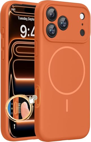 Image of mobistyle Magnetic Silicone Back Case for iPhone 17 Pro Max 6.9-Inch, Compatible with Mag-Safe, Silky Soft Touch, Shock Absorbing Phone Back Cover with Camera Lens Protection (Orange)