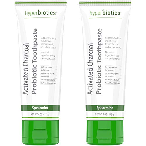 Hyperbiotics Activated Charcoal Probiotic Toothpaste | Oral Probiotics for Women, Men, Adults | Fluoride Free Whitening | Freshen Bad Breath, Gum Health Support, Whitens Teeth | Spearmint, 2 Tubes
