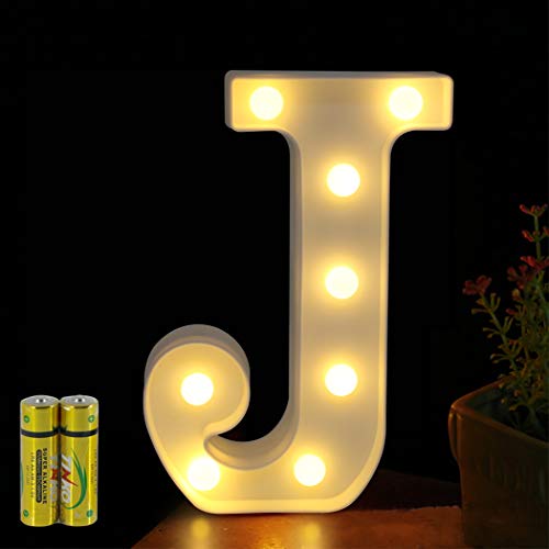 HONPHIER® Letras luminosas alfabeto luminoso lámpara LED letra, luces de letra, decoración, operador a pilas para recepciones, fiestas, bodas, casa, bar, decoración (J)