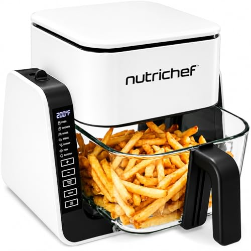NutriChef Heißluftfritteuse 4L mit Grillfunktion 1500W Weiß Airfryer ohne Öl mit Sichtfenster 7 Programme Glasbehälter für Familien