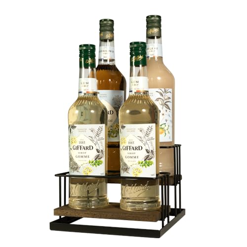 J JACKCUBE DESIGN Coffee Syrup Bottle Holder Rack, Rustic Wood and Black Metal Wire 2 Tier 4 Syrup, Wine, Dressing Bottle Countertop Display Storage Stand for Kitchen Coffee Bar- MK816E