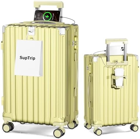 （10:00時点） [SupTrip] スーツケース 機内持ち込み 多機能 キャリーケース 大型 超軽量 キャリーバッグ 耐衝撃 USBポート付き カップホルダー付き 充電機能 荷物フック 隠しフック機能 静音 ダブルキャスター 360度回転 修学 泊まる 旅行 出張 (イエロー, L (62L/1週間程度))