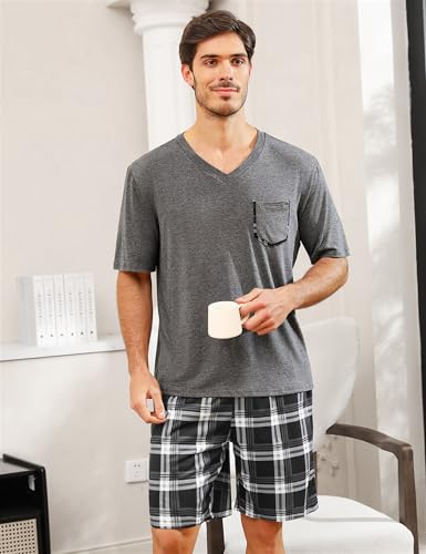 Sykooria Mens Cotton Pajamas Set 2 Piece Soft Sleepwear Short Sleeve Top & Plaid Shorts With Pockets3
