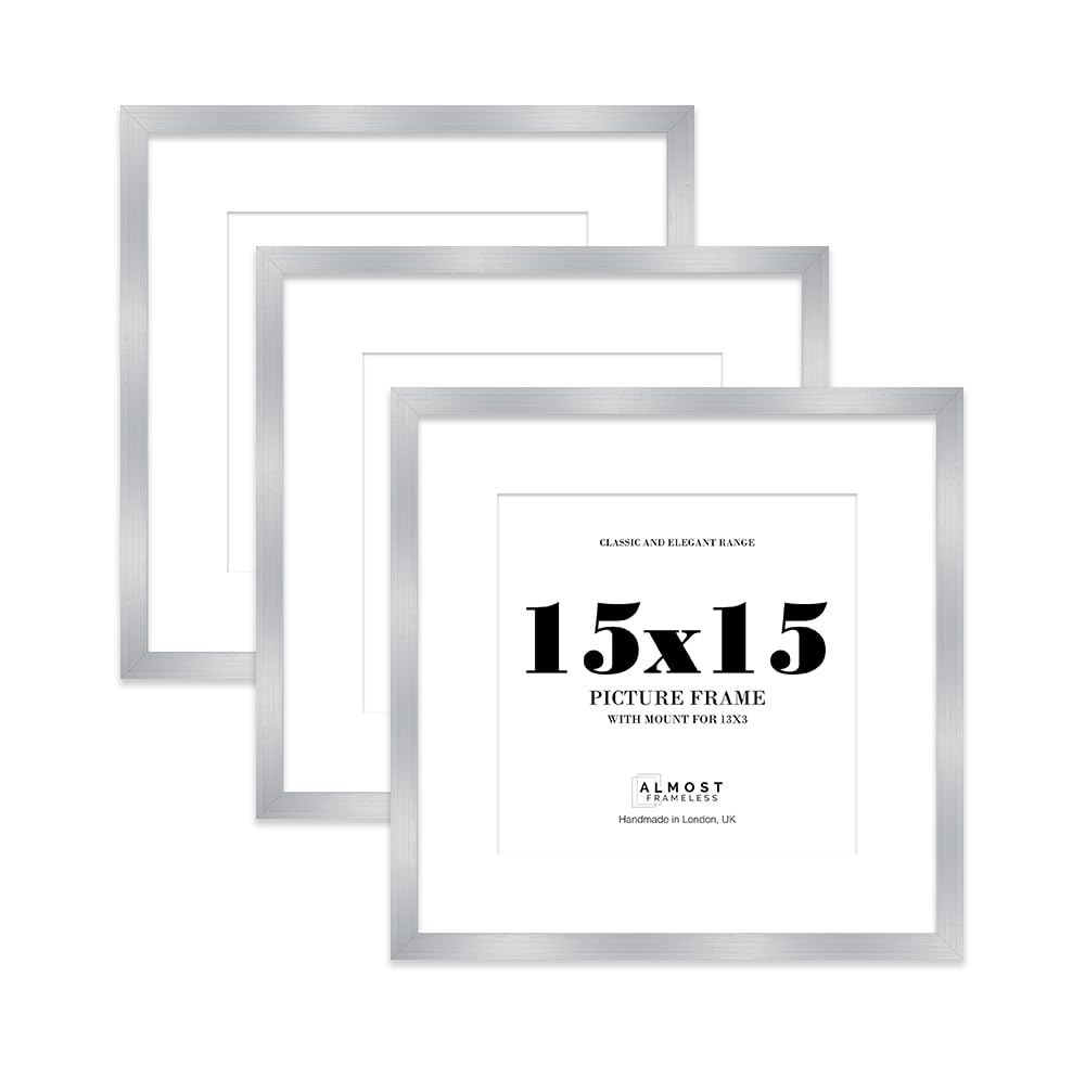 15x15 Silver Picture Frame with Mount for 13x13 Photos, Prints - Modern Square Wall Frame, Set of 3